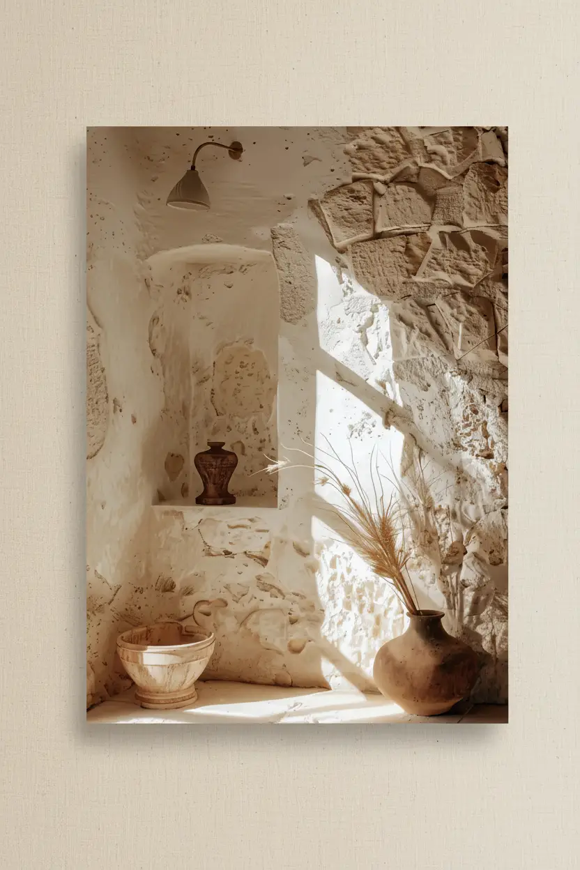 La Maison de Pierre — Affiche murale minimaliste sable architecture, affiche murale minimaliste avec cadre bois, décoration murale salon ou chambre, style méditerranéen