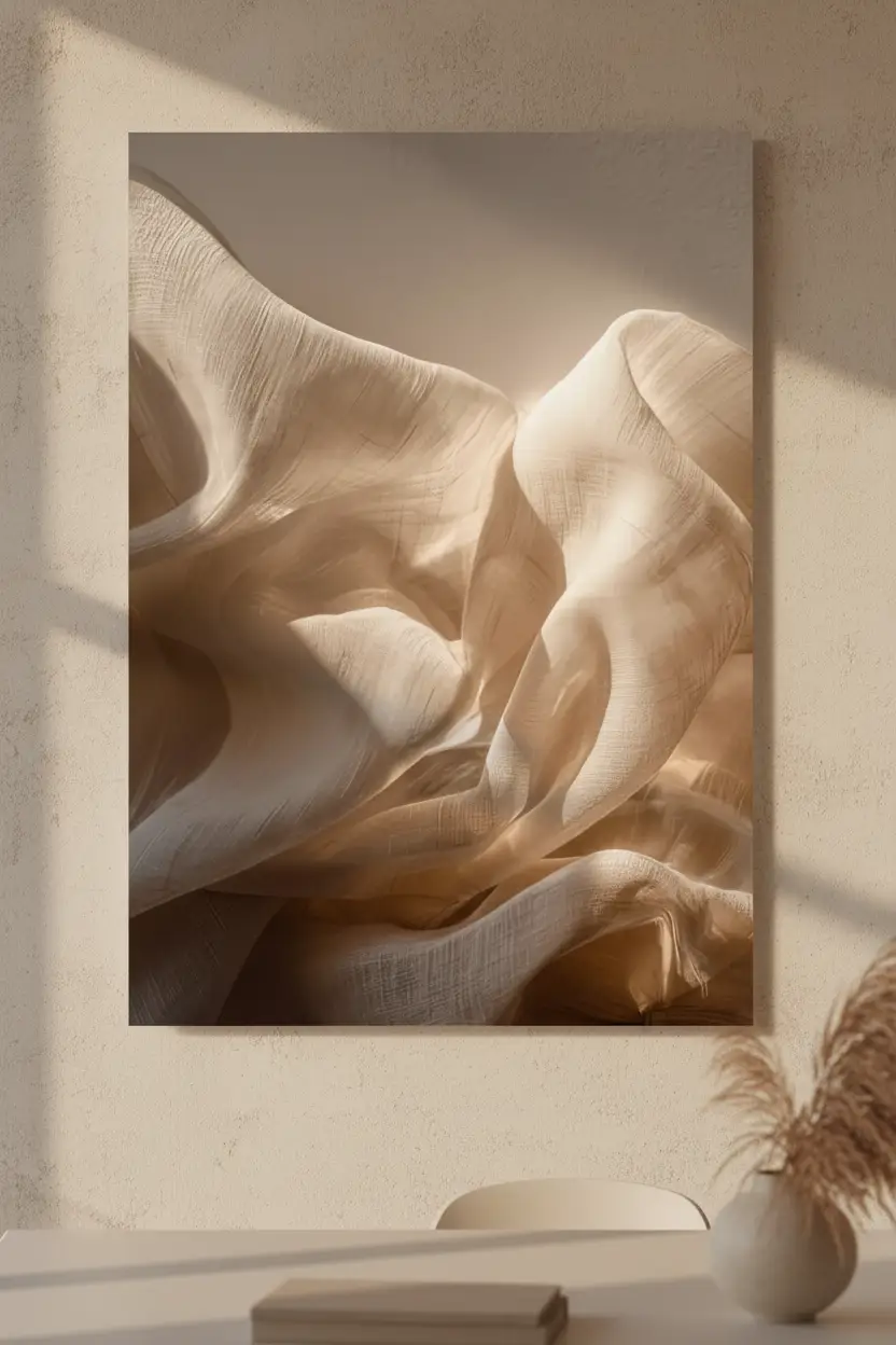 Les Vagues de Lin — Affiche murale minimaliste ivoire texture abstrait, affiche murale minimaliste avec cadre bois, décoration murale salon ou chambre, style méditerranéen