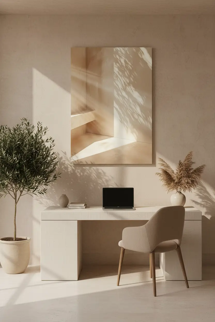 L'Escalier et l'Ombre — Affiche murale minimaliste beige architecture, affiche murale minimaliste avec cadre bois, décoration murale salon ou chambre, style méditerranéen