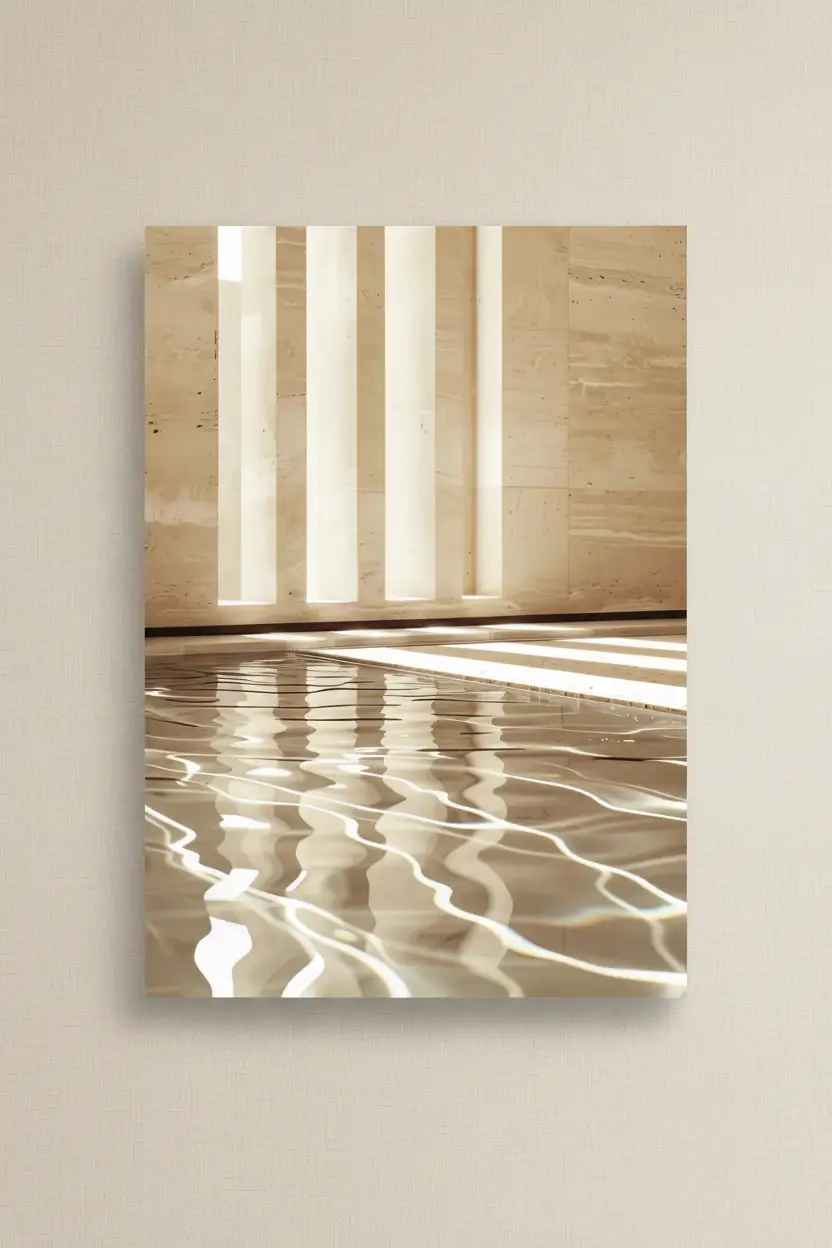 Le Temple et l'Eau — Affiche murale minimaliste sable architecture, affiche murale minimaliste avec cadre bois, décoration murale salon ou chambre, style méditerranéen