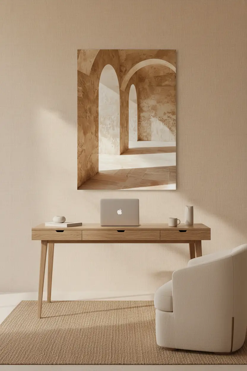 La Salle des Arches — Affiche murale minimaliste ocre architecture, affiche murale minimaliste avec cadre bois, décoration murale salon ou chambre, style méditerranéen