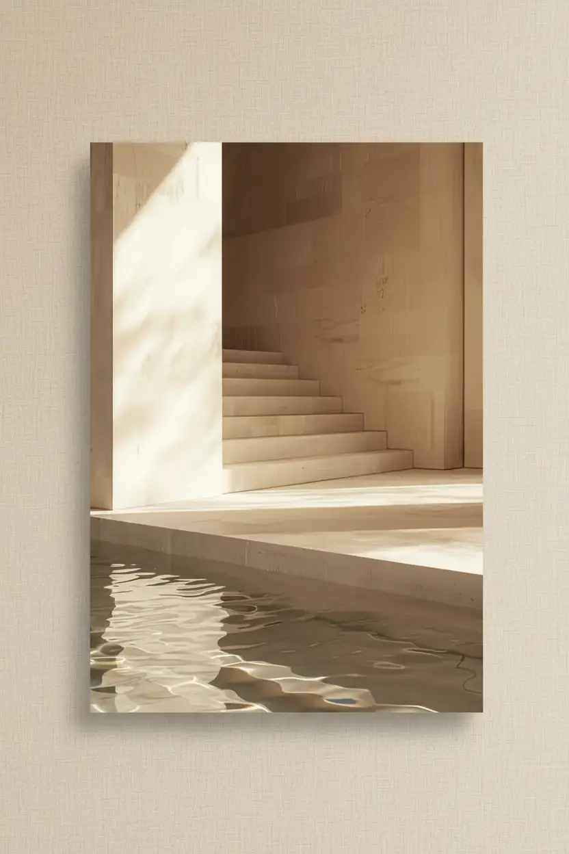 L'Escalier et le Bassin — Affiche murale minimaliste sable architecture, affiche murale minimaliste avec cadre bois, décoration murale salon ou chambre, style méditerranéen