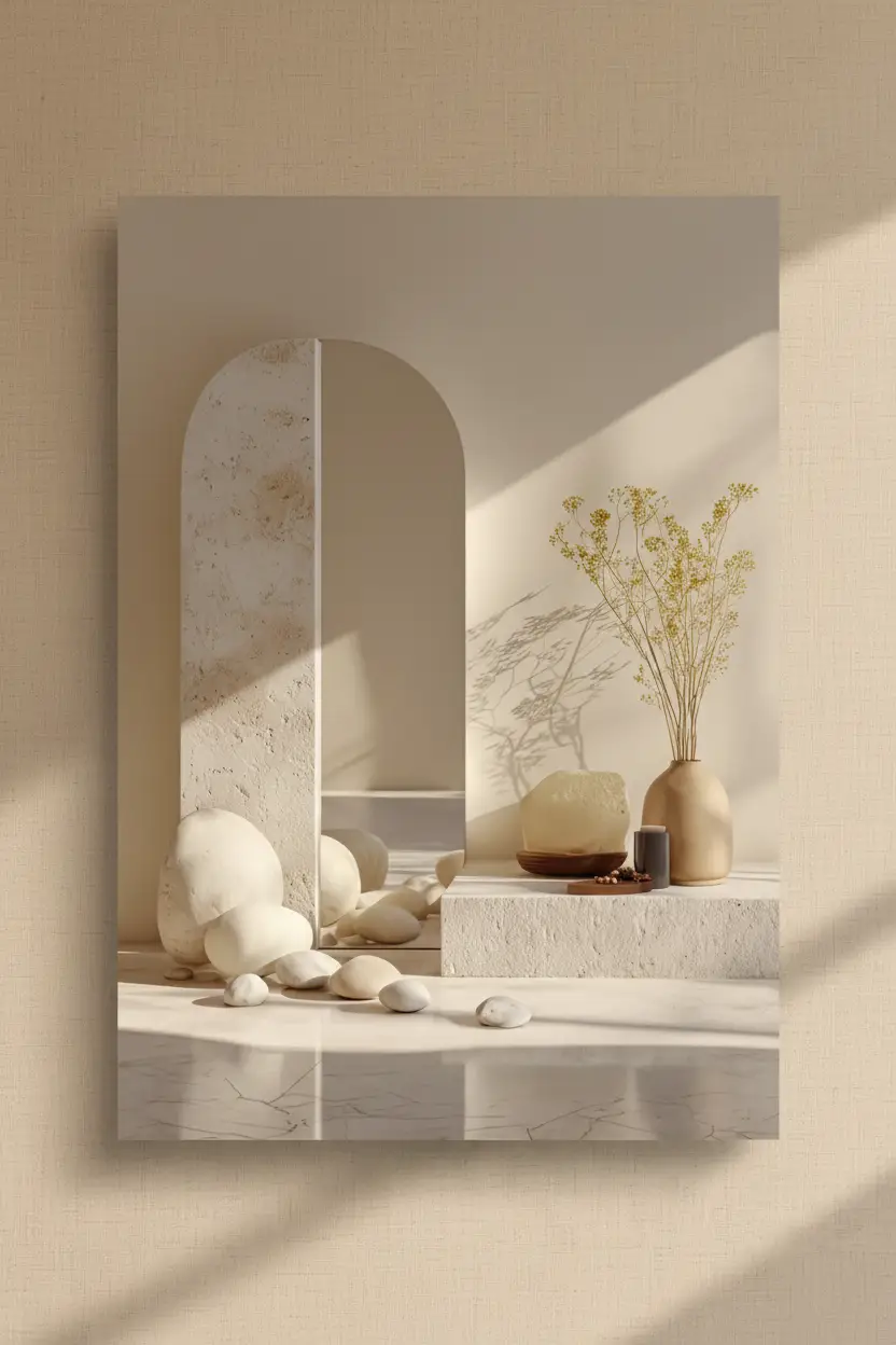 L'Arche et les Galets — Affiche murale minimaliste ivoire architecture, affiche murale minimaliste avec cadre bois, décoration murale salon ou chambre, style méditerranéen