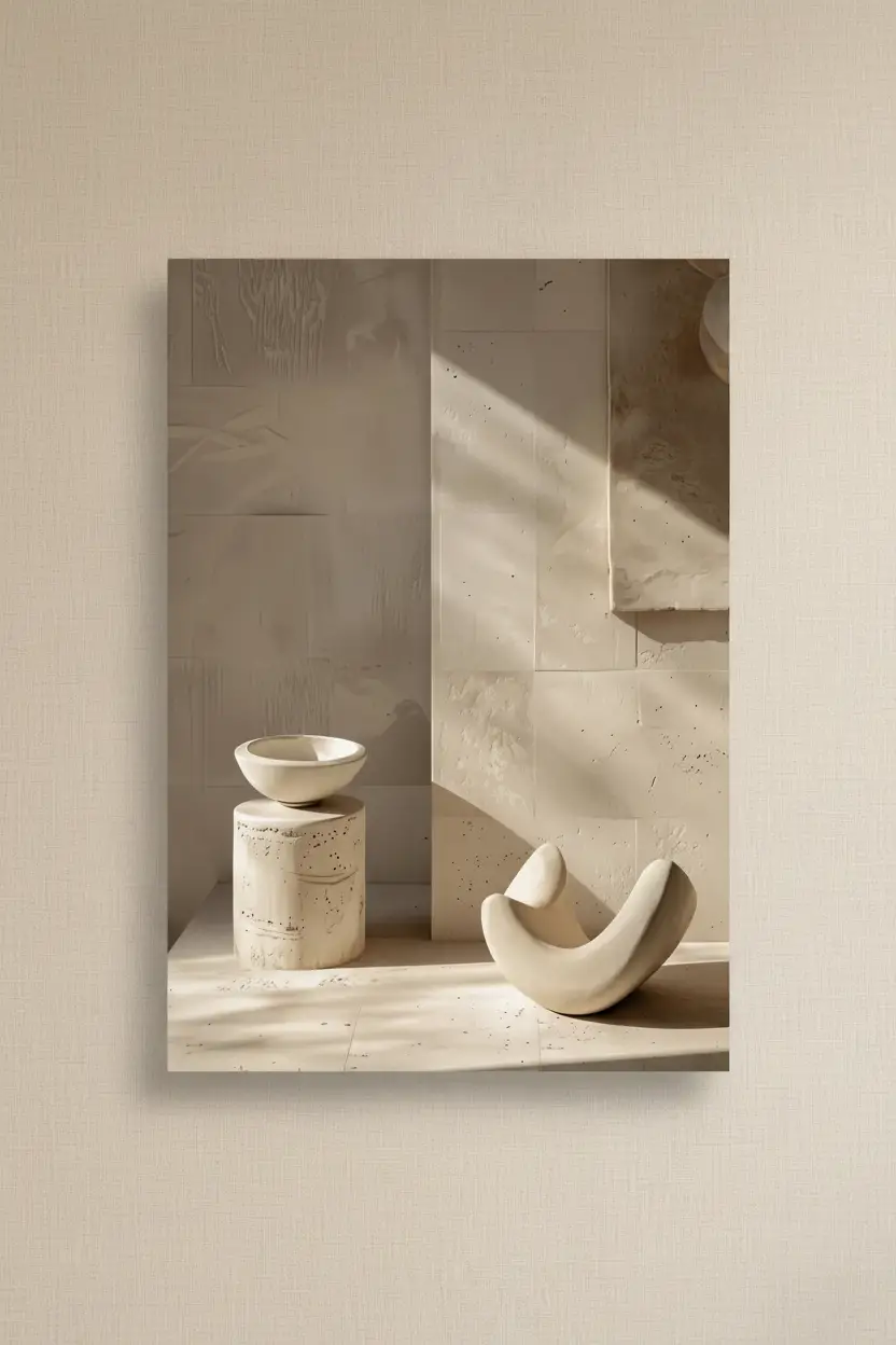 L'Offrande de Pierre — Affiche murale minimaliste sable minéral, affiche murale minimaliste avec cadre bois, décoration murale salon ou chambre, style méditerranéen