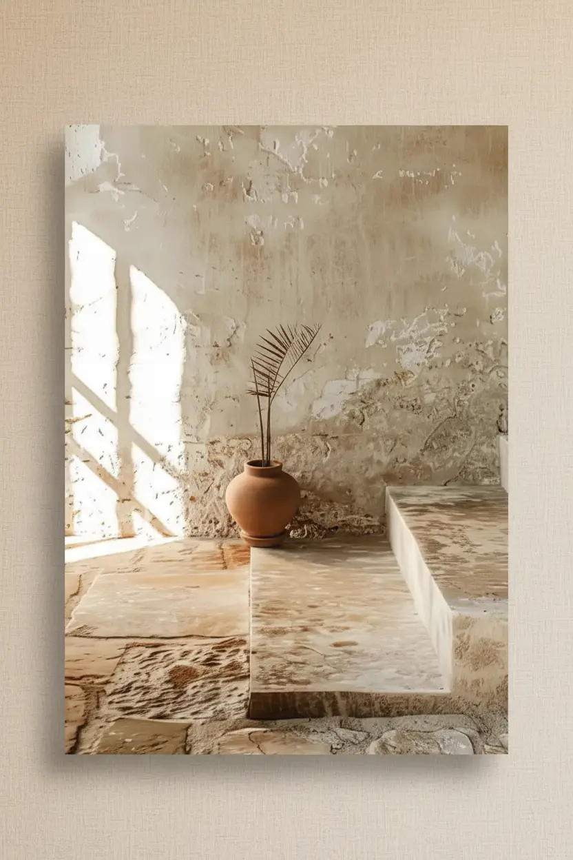 Le Vase sur la Marche — Affiche murale minimaliste sable architecture, affiche murale minimaliste avec cadre bois, décoration murale salon ou chambre, style méditerranéen