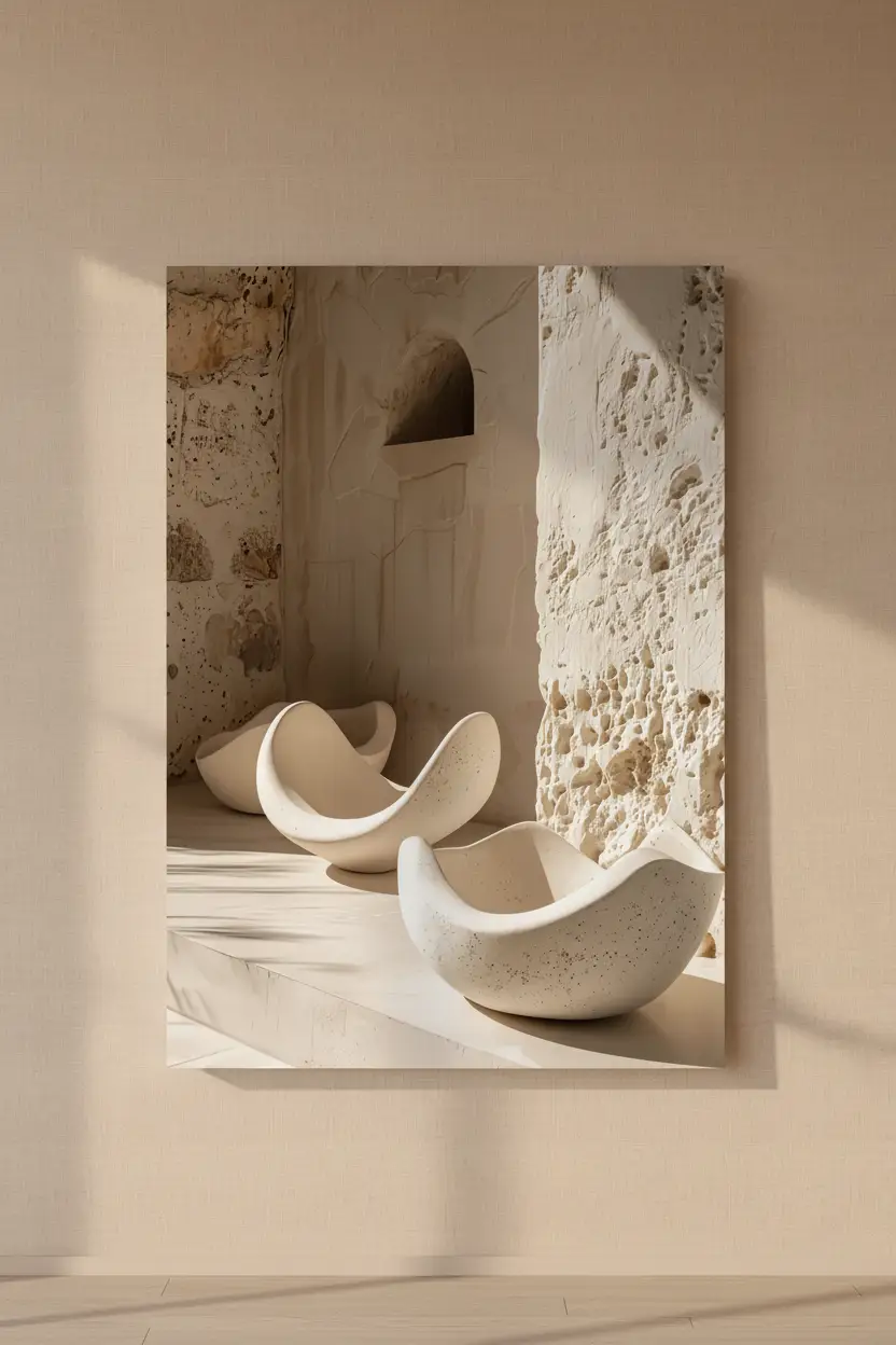 Les Coques de Pierre — Affiche murale minimaliste sable minéral, affiche murale minimaliste avec cadre bois, décoration murale salon ou chambre, style méditerranéen