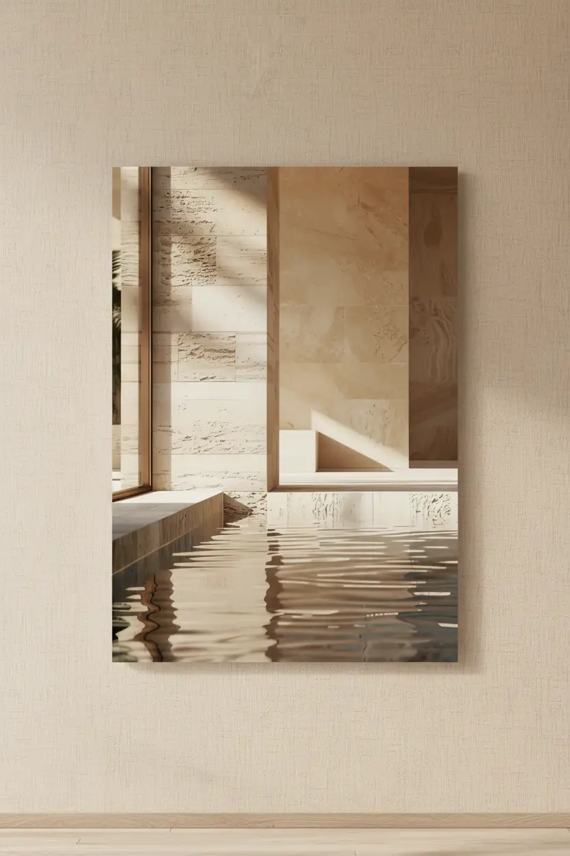Le Bain de Travertin — Affiche murale minimaliste sable architecture, affiche murale minimaliste avec cadre bois, décoration murale salon ou chambre, style méditerranéen