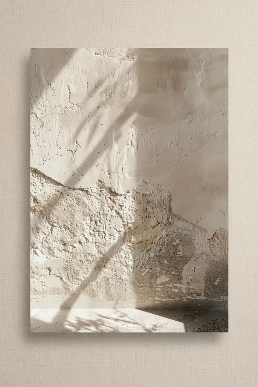 La Lumière sur l'Enduit — Affiche murale minimaliste sable minéral, affiche murale minimaliste avec cadre bois, décoration murale salon ou chambre, style méditerranéen