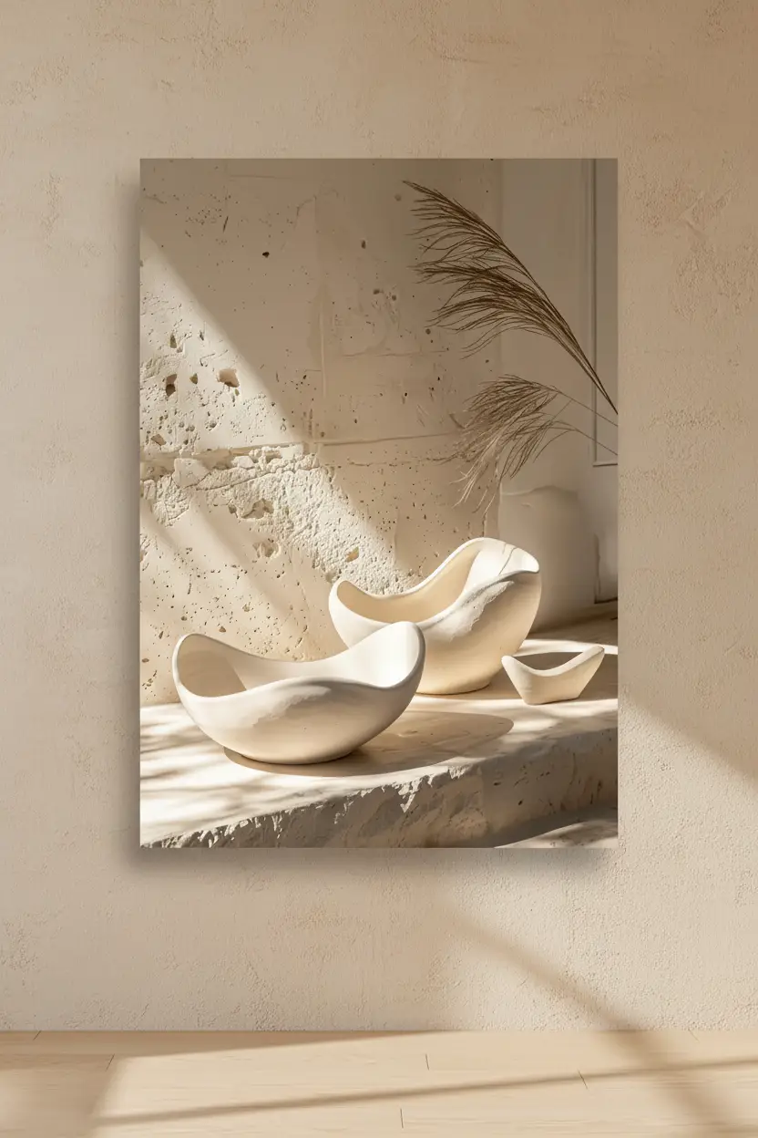 Les Céramiques Sculptées — Affiche murale minimaliste ivoire minéral, affiche murale minimaliste avec cadre bois, décoration murale salon ou chambre, style méditerranéen