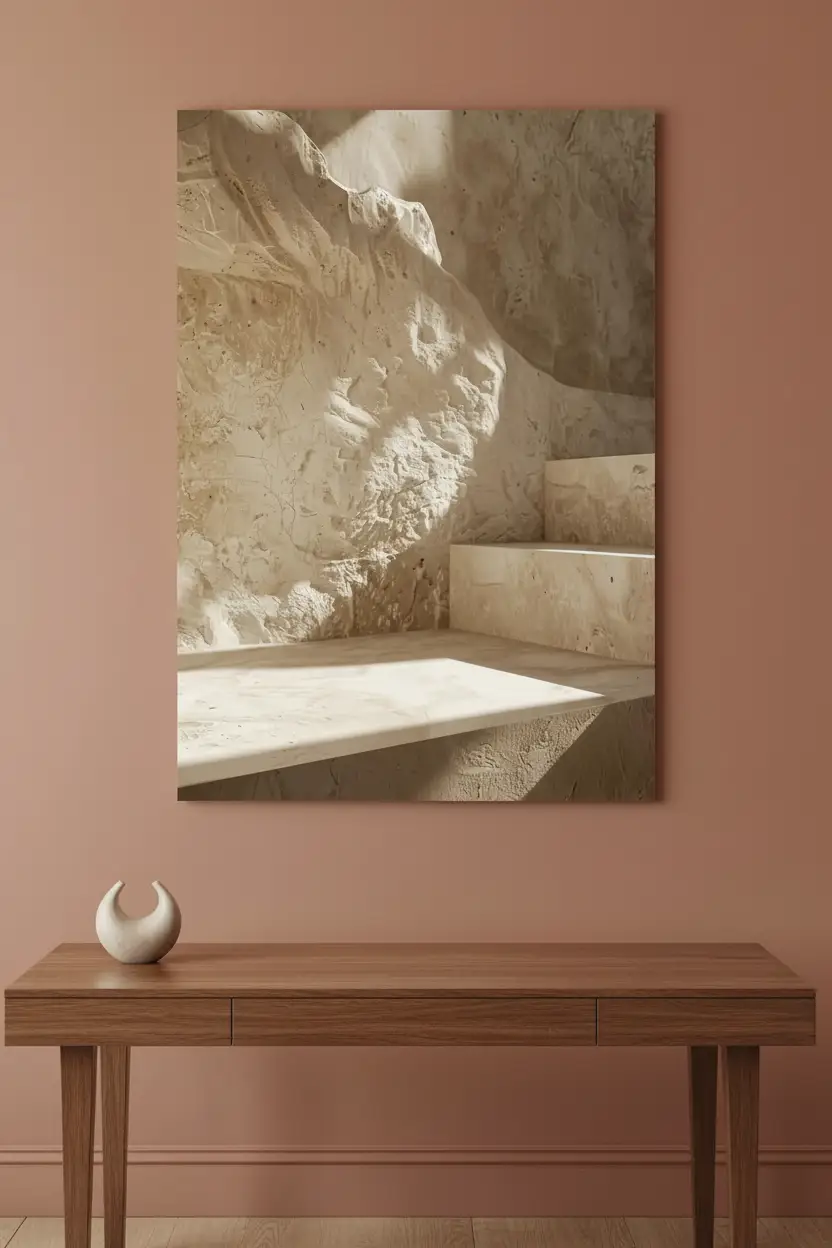 La Grotte de Pierre — Affiche murale minimaliste sable calcaire architecture, affiche murale minimaliste avec cadre bois, décoration murale salon ou chambre, style méditerranéen