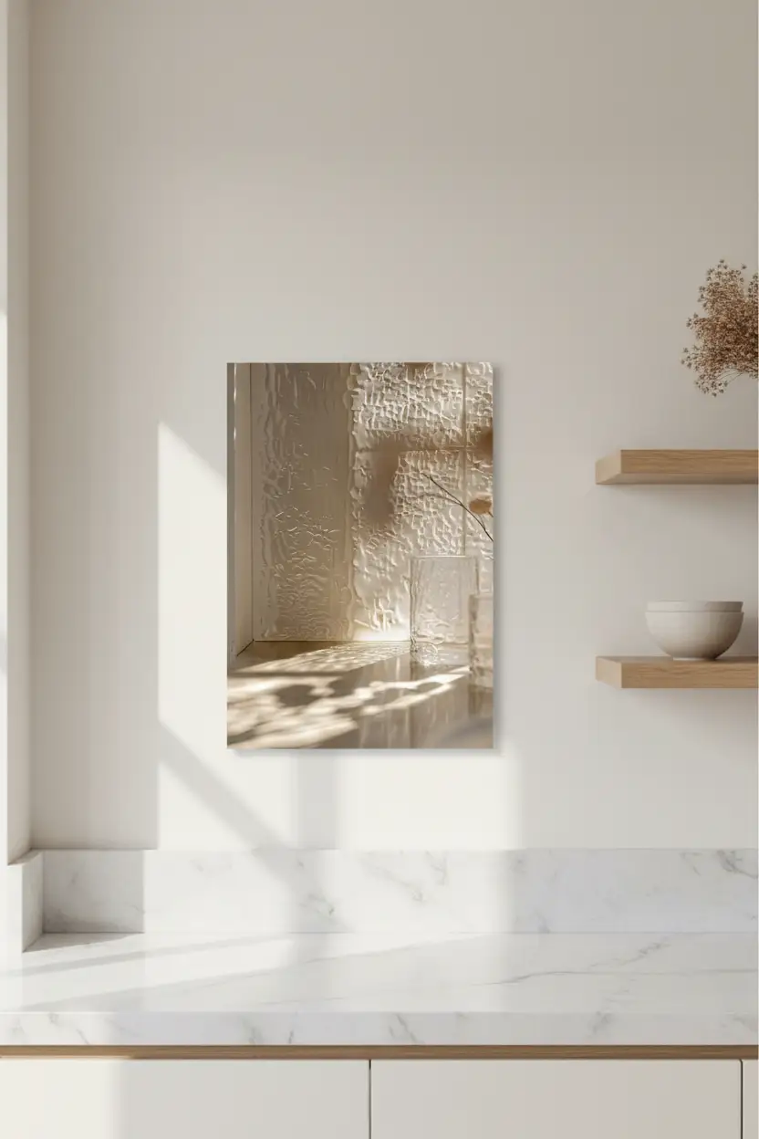 Le Verre Cathédrale — Affiche murale minimaliste ivoire reflets aquatiques lumière, affiche murale minimaliste avec cadre bois, décoration murale salon ou chambre, style méditerranéen