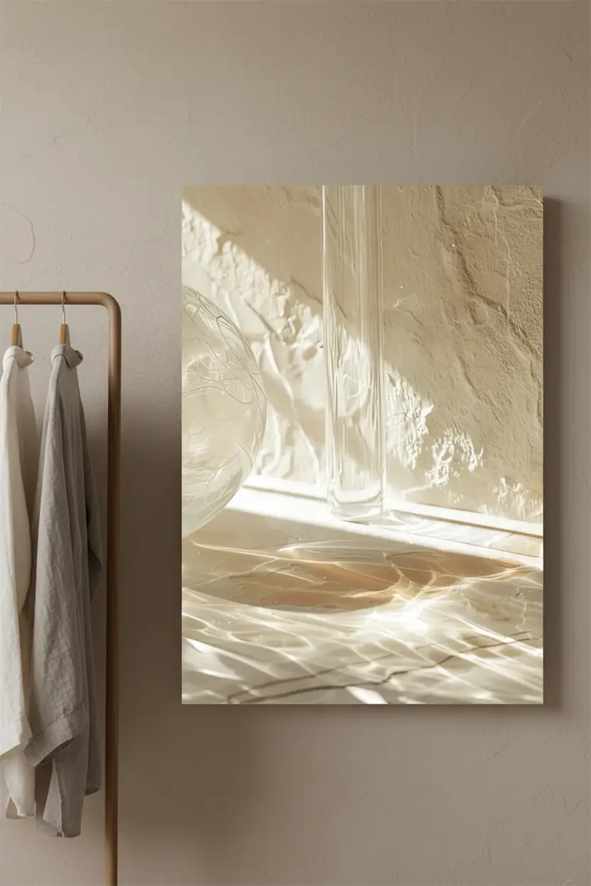 L’Eau et le Verre — Affiche murale minimaliste ivoire reflets aquatiques verre, affiche murale minimaliste avec cadre bois, décoration murale salon ou chambre, style méditerranéen