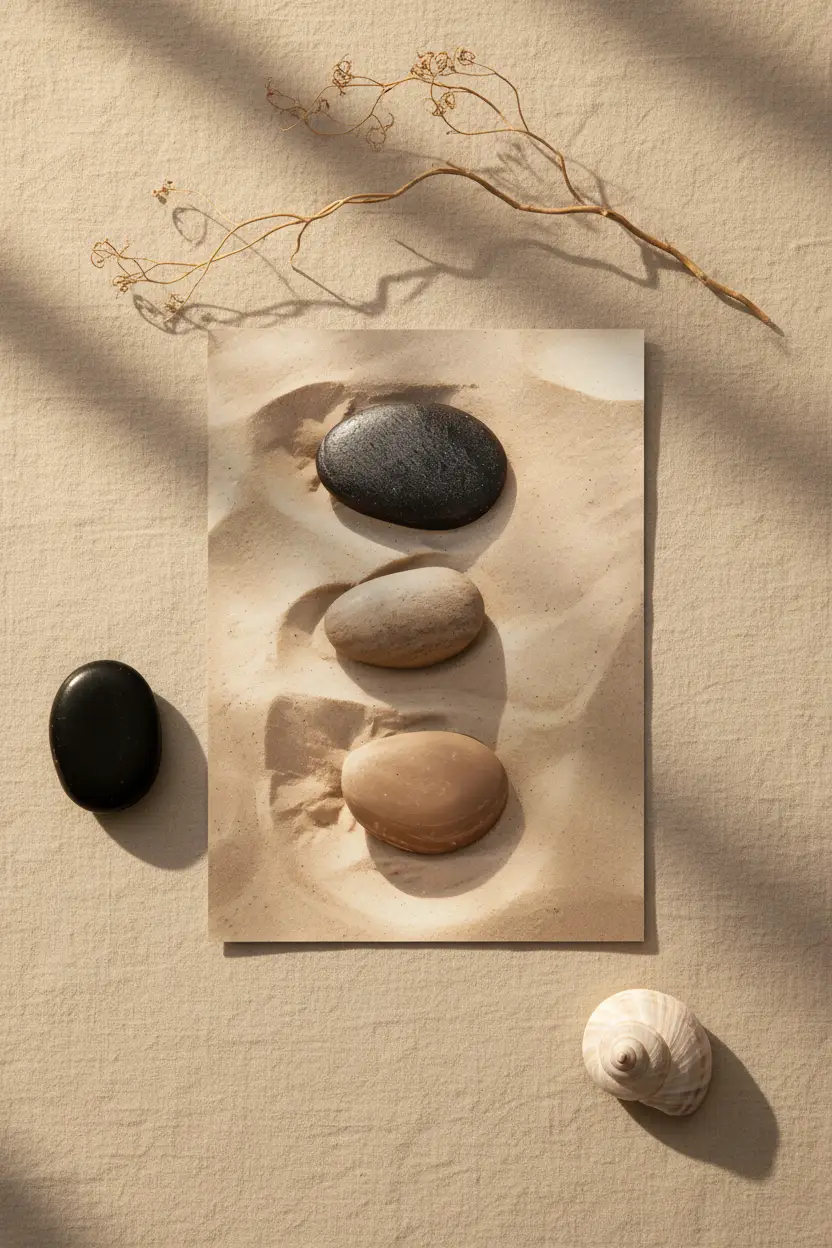 Trois Silences — Affiche murale minimaliste galet noir beige sable — affiche murale minimaliste | Cassili-home
