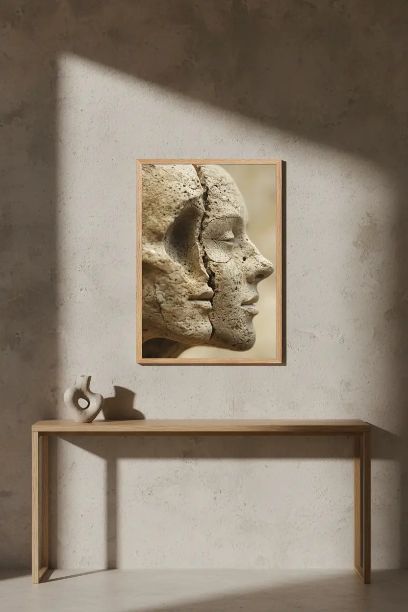 Fracture — Affiche murale minimaliste beige sable visages pierre calcaire — affiche murale minimaliste | Cassili-home