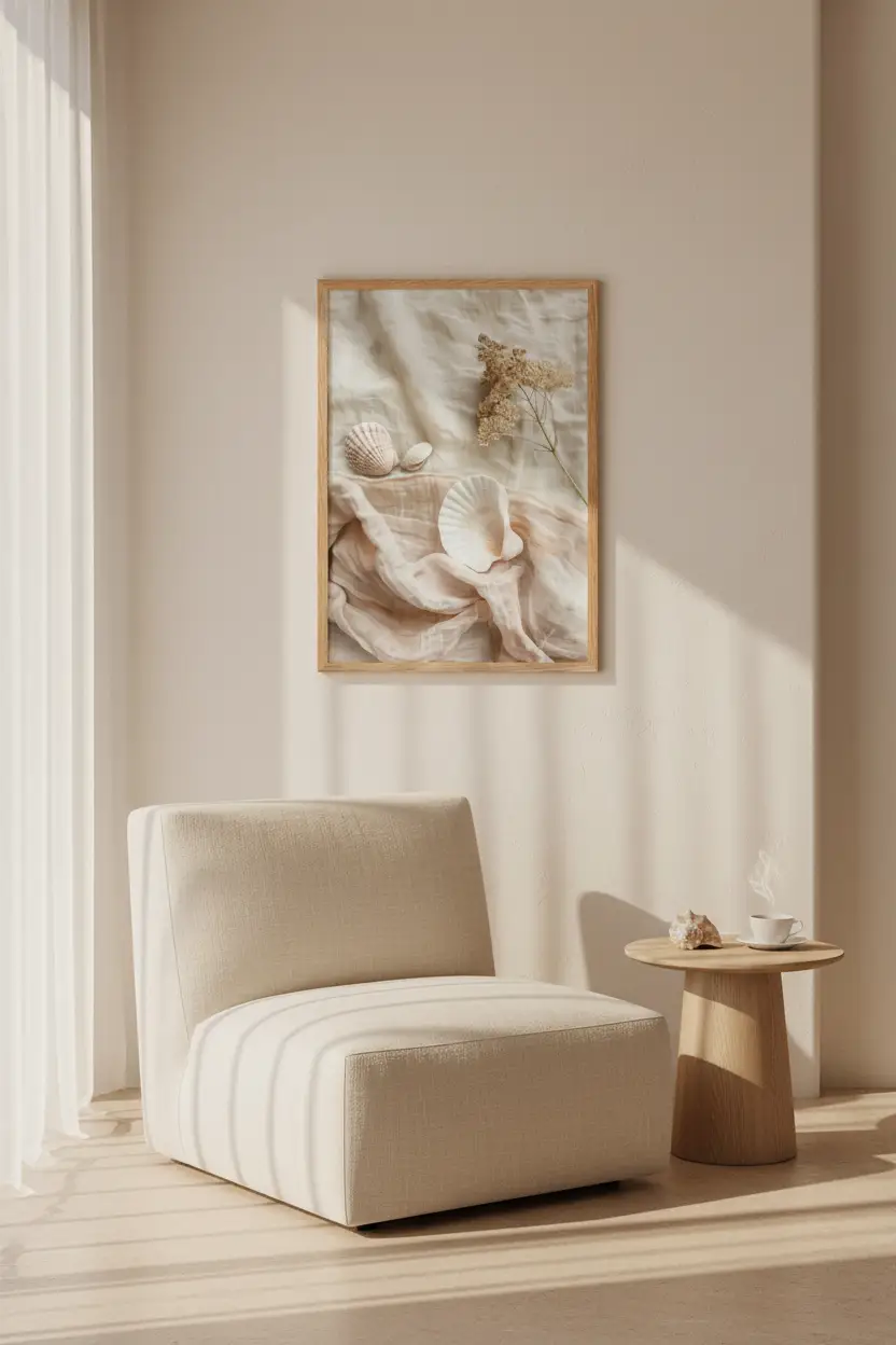 L’Écume — Affiche murale minimaliste coquillages ivoire voile pêche lin blanc fleur séchée nature mer — affiche murale minimaliste | Cassili-home