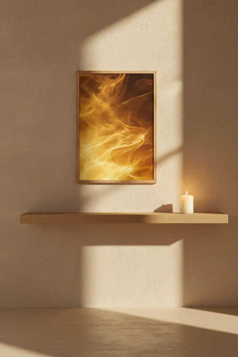 L’Âme du Feu — Minimalist väggaffisch gyllene bärnsten lågor