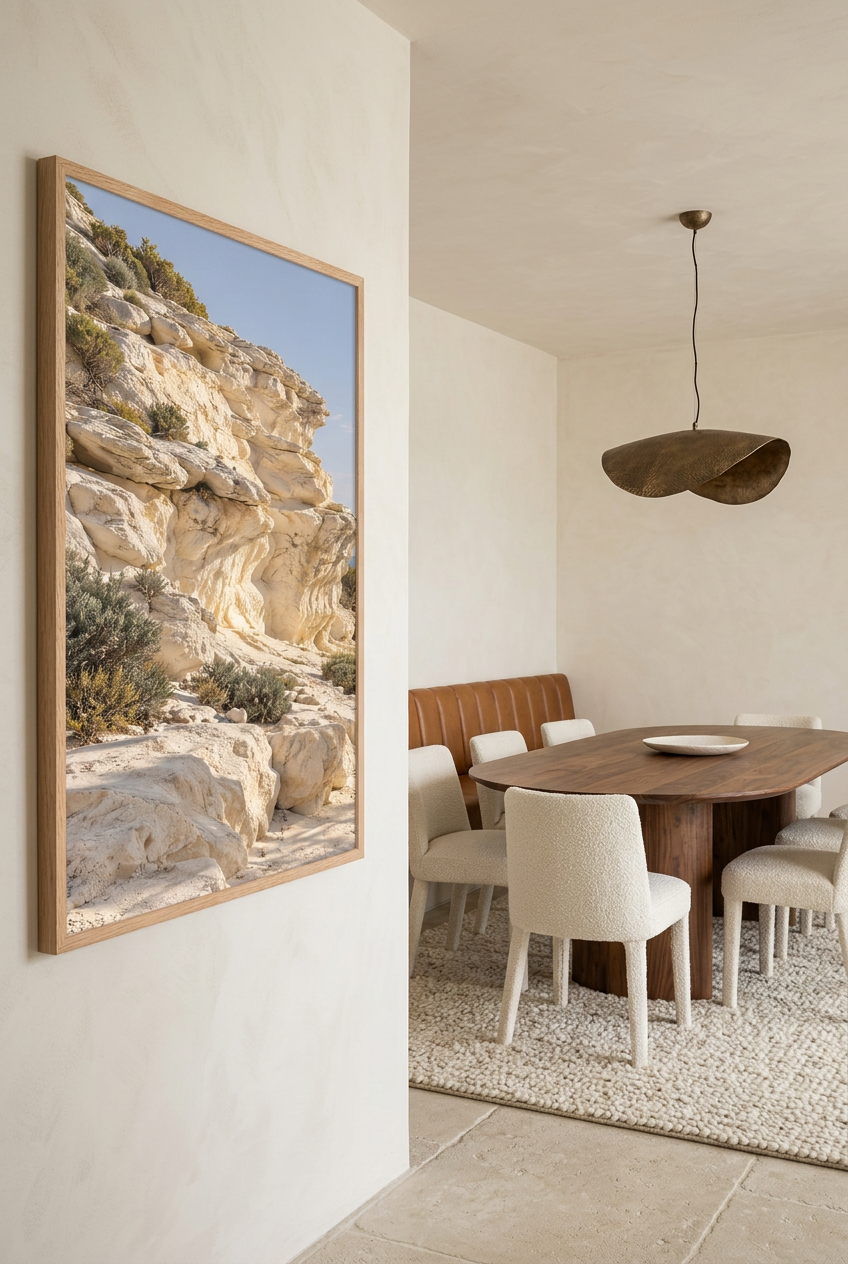 The Sculpted Cliff — poster in an oak frame in a dining room