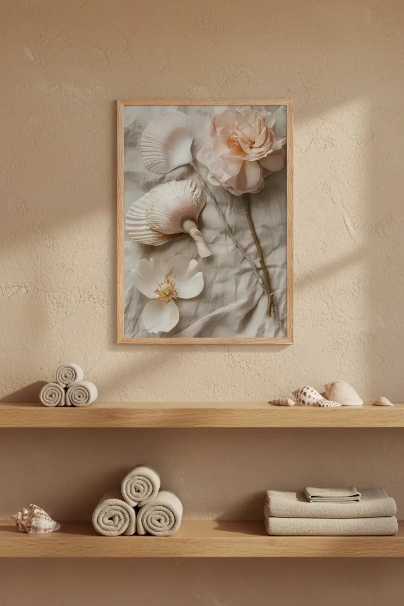 La Récolte — Affiche murale minimaliste coquillages rose pêche fleur blanche lin beige nature mer — affiche murale minimaliste | Cassili-home