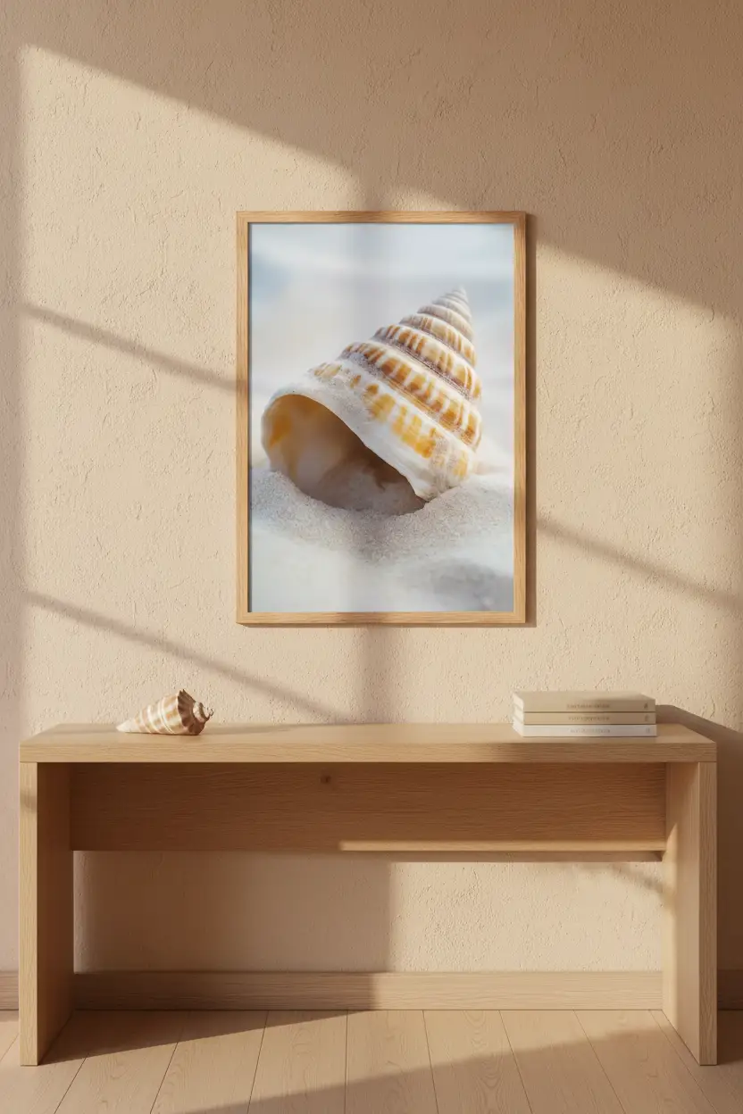 La Spirale du Large — Affiche murale minimaliste coquille conique ivoire ambre sable blanc vague nature mer — affiche murale minimaliste | Cassili-home