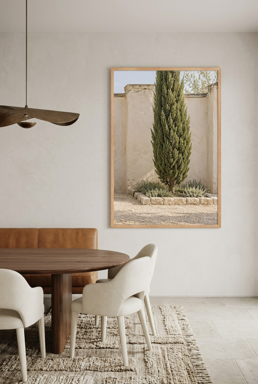 The Lone Cypress — poster in an oak frame in a dining room