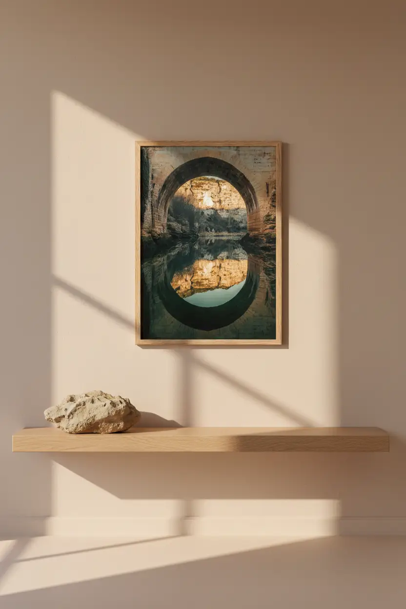 Lo Specchio del Ponte — Poster da parete minimalista verde oro arco riflesso