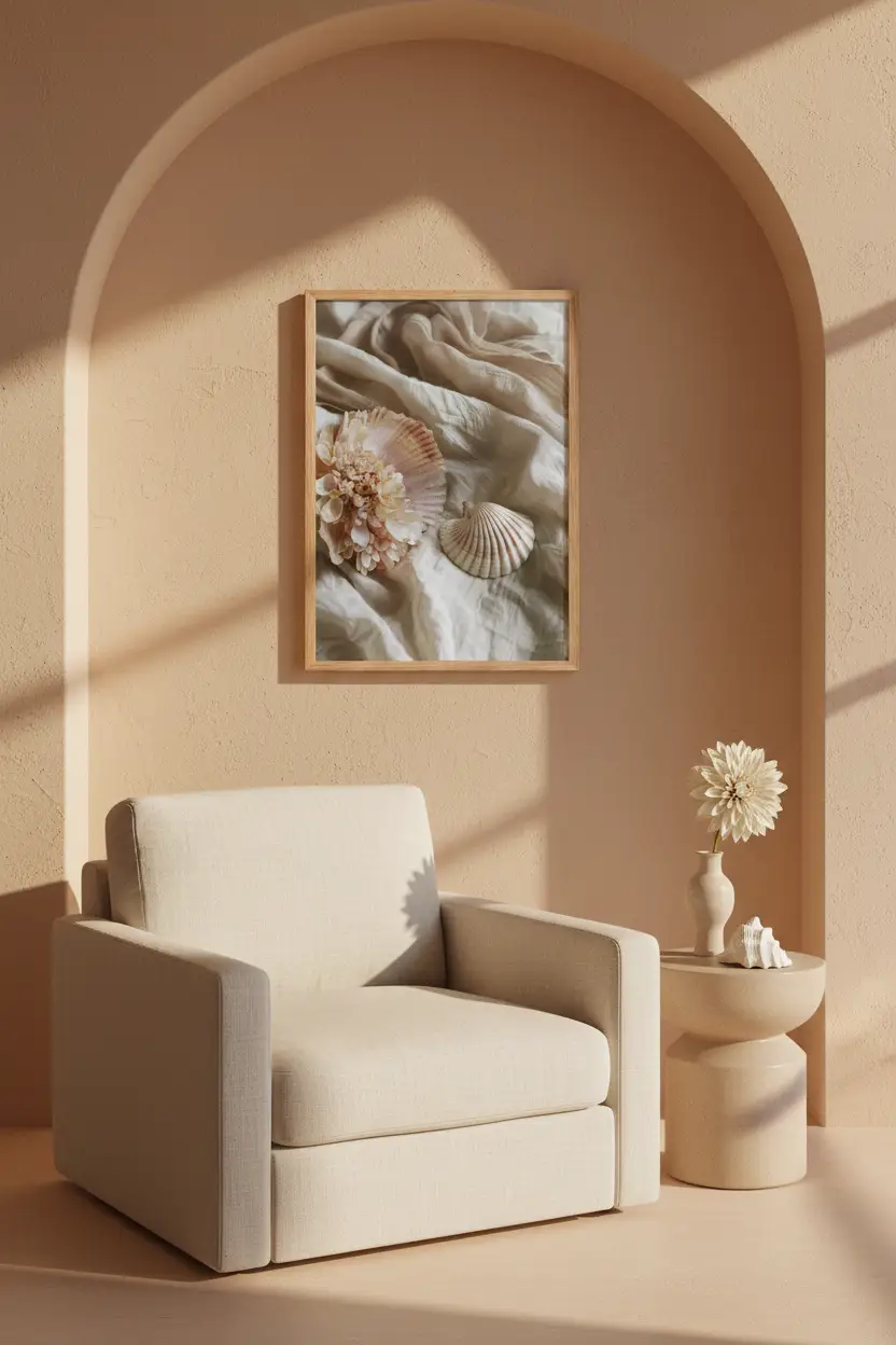 Le Nid de Nacre — Affiche murale minimaliste coquille rose pêche dahlia ivoire lin beige sable nature mer — affiche murale minimaliste | Cassili-home