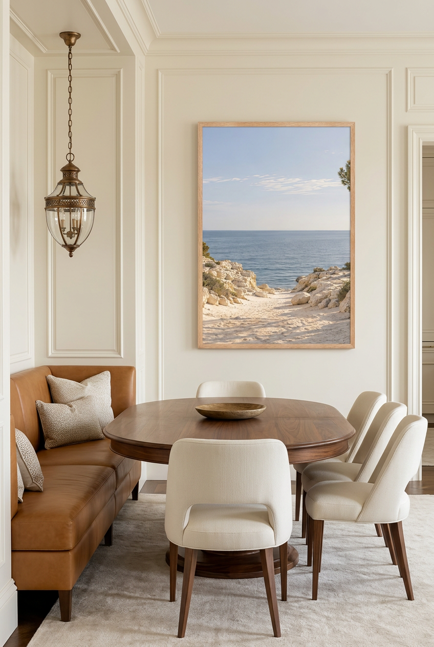 The Sea Path — poster in an oak frame in a dining room