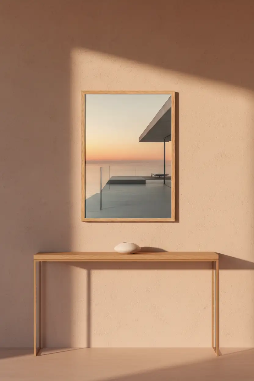 L’Heure Dorée — Affiche murale minimaliste pêche rosé béton mer coucher de soleil architecture — affiche murale minimaliste | Cassili-home