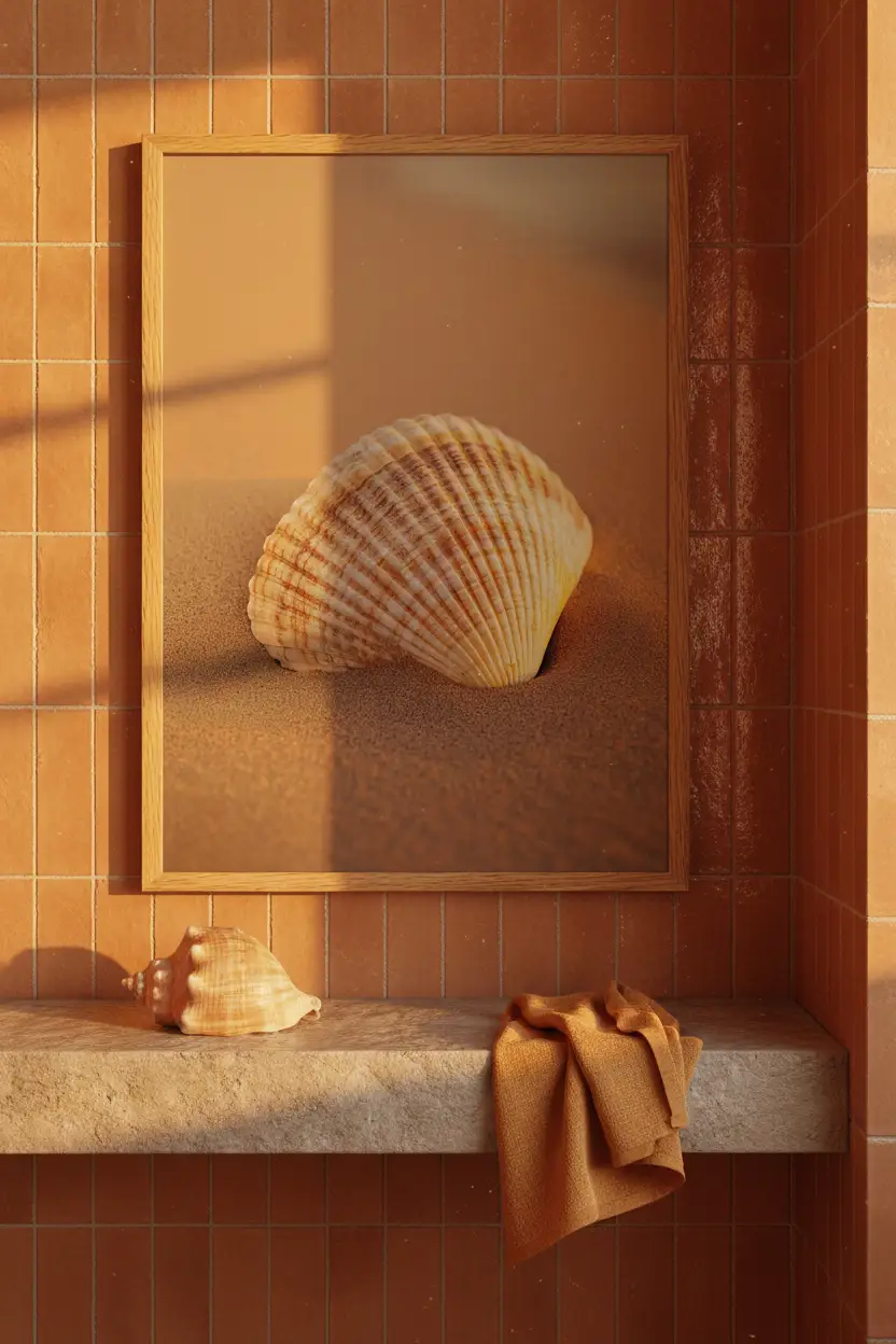 L’Heure Dorée — Minimalistische ivoorkleurige schelp zand wandposter