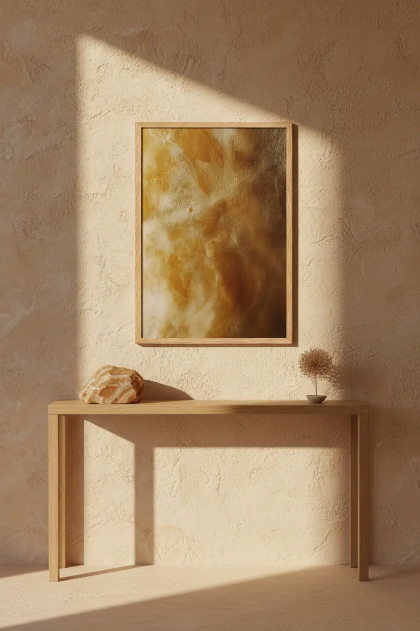 De Gouden Onyx — Minimalistische amber en ivoor mineraal wandposter