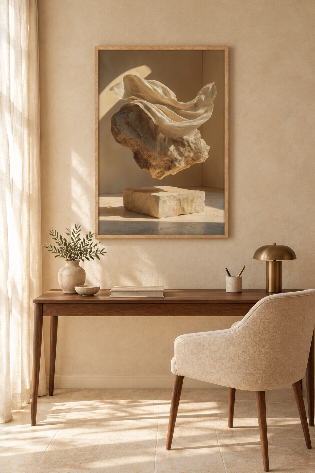 The Veiled Boulder with an oak frame in a home office