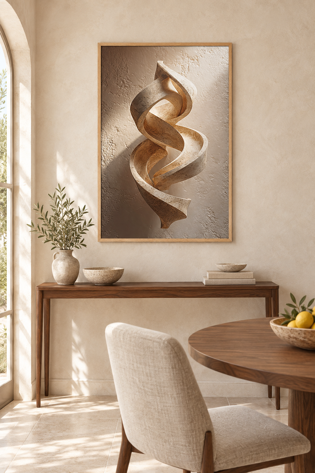 The Twisted Ribbon with an oak frame in a home office