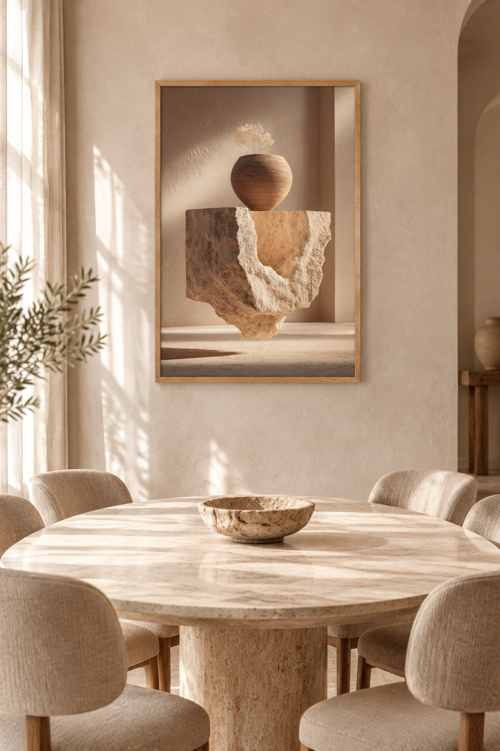 Der ausgehöhlte Stein mit Eichenrahmen in einem Esszimmer