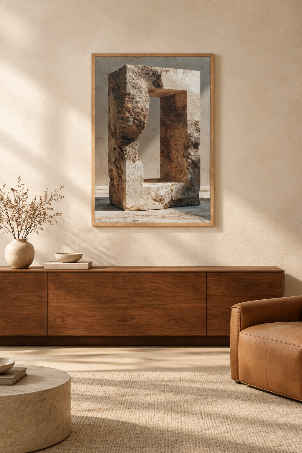 The Stone Aperture above a living room console