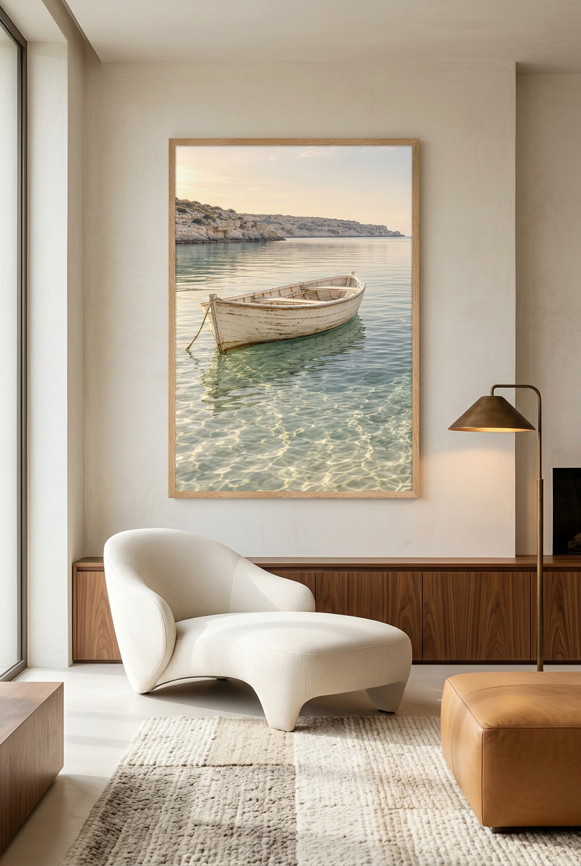 The White Boat — poster in an oak frame in a living room