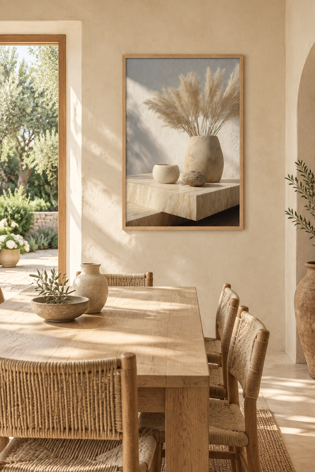 The Pampas Bouquet with an oak frame in a dining room