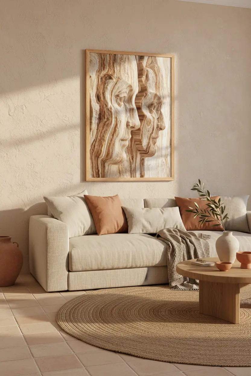 Empreintes — Affiche murale minimaliste beige ocre visages abstraits roche sédimentaire — affiche murale minimaliste | Cassili-home