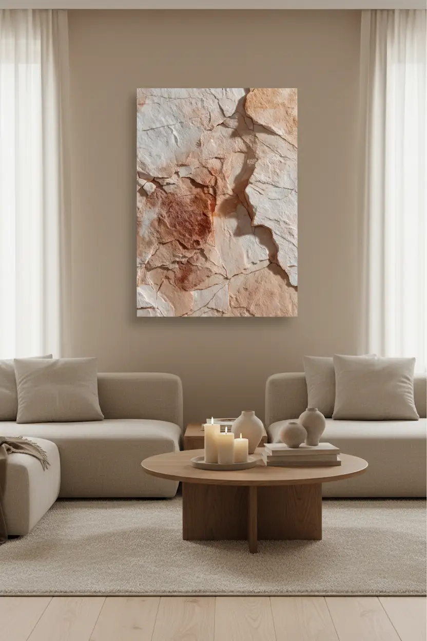 L'Éclat de Calcaire — Affiche murale minimaliste minérale sable, affiche murale minimaliste avec cadre bois, décoration murale salon ou chambre, style méditerranéen