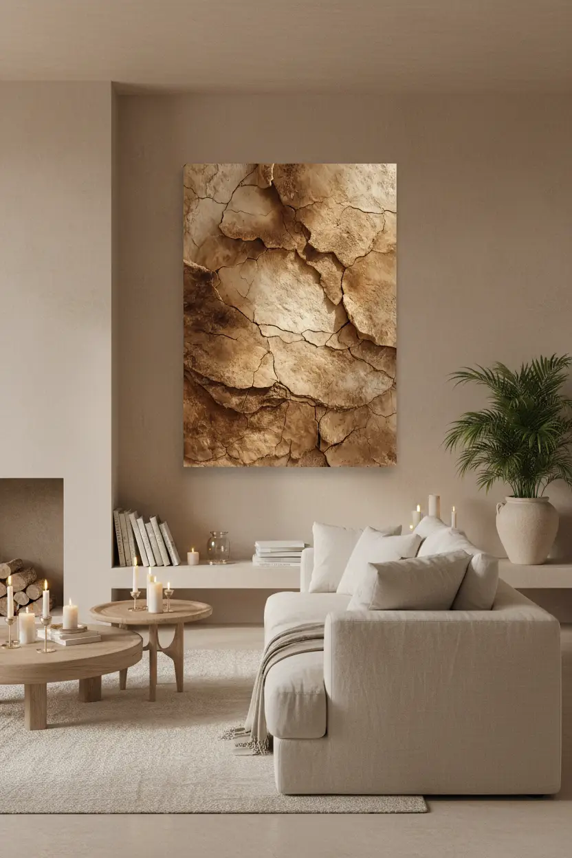 La Terre Fendue — Affiche murale minimaliste minérale sable, affiche murale minimaliste avec cadre bois, décoration murale salon ou chambre, style méditerranéen