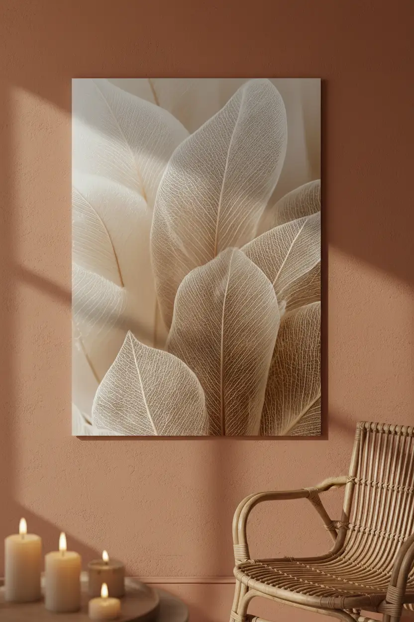 La Dentelle des Feuilles — Affiche murale minimaliste beige végétal translucide, affiche murale minimaliste avec cadre bois, décoration murale salon ou chambre, style méditerranéen