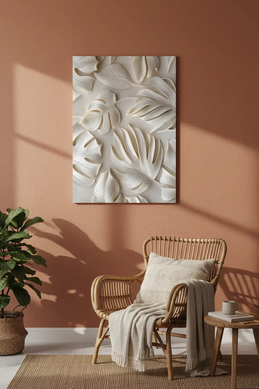 Le Souffle des Feuilles — Affiche murale minimaliste ivoire végétal sculpté, affiche murale minimaliste avec cadre bois, décoration murale salon ou chambre, style méditerranéen