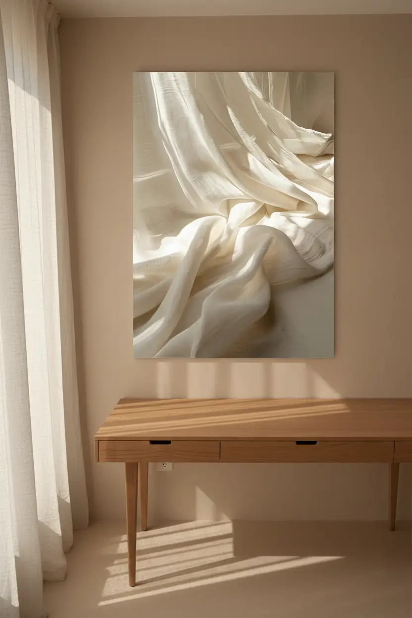 Le Lin Draпé — Affiche murale minimaliste macro tissu lin ivoire drapé vagues fluides texture abstrait, affiche murale minimaliste avec cadre bois, décoration murale salon ou chambre, style méditerranéen