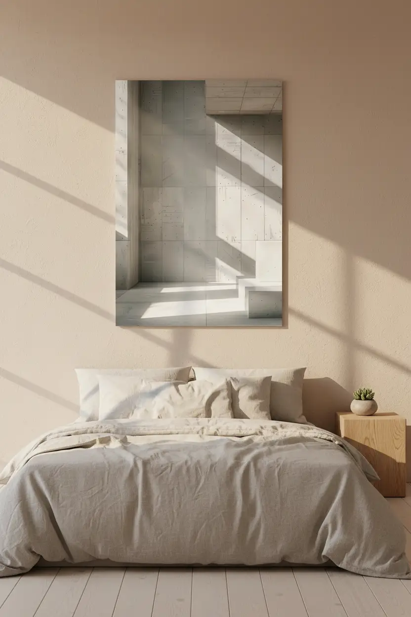 L’Angle de Béton — Affiche murale minimaliste béton brutaliste ombres géométriques architecture, affiche murale minimaliste avec cadre bois, décoration murale salon ou chambre, style méditerranéen