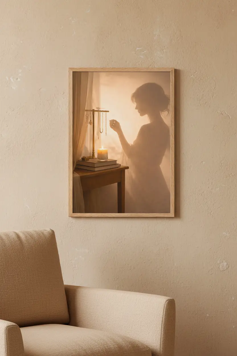 La Parure — Affiche murale minimaliste silhouette féminine lumière dorée, affiche murale minimaliste avec cadre bois, décoration murale salon ou chambre, style méditerranéen