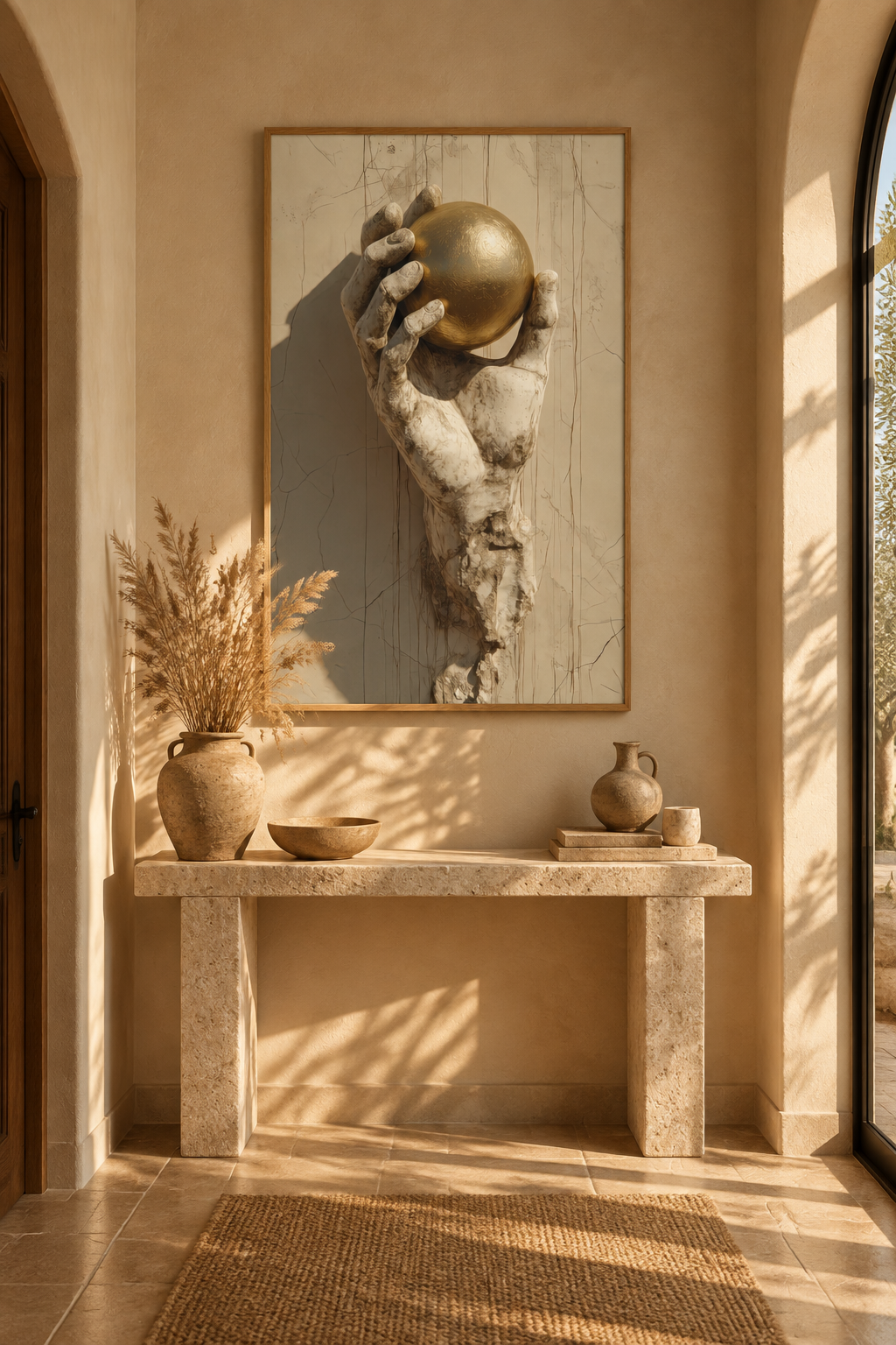 Poster The Held Orb — golden orb held by a hand of stone, in an entryway, above a stone console