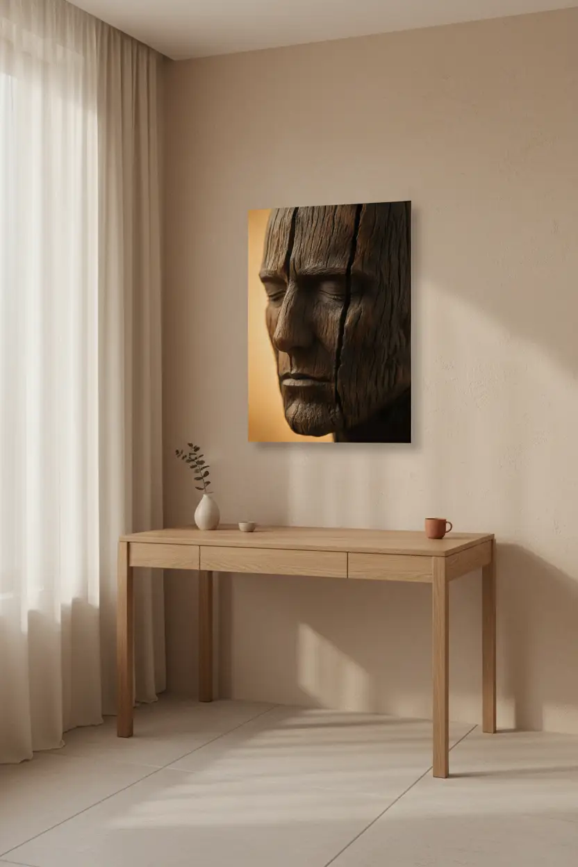 Bois Dormant — Affiche murale minimaliste brun et beige visage abstrait et texture minérale — affiche murale minimaliste | Cassili-home