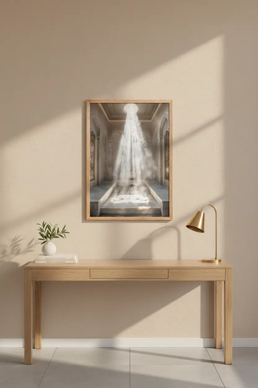 Das Hamam — Orientalisches Licht, minimalistisches Wandbild in Weiß und Gold