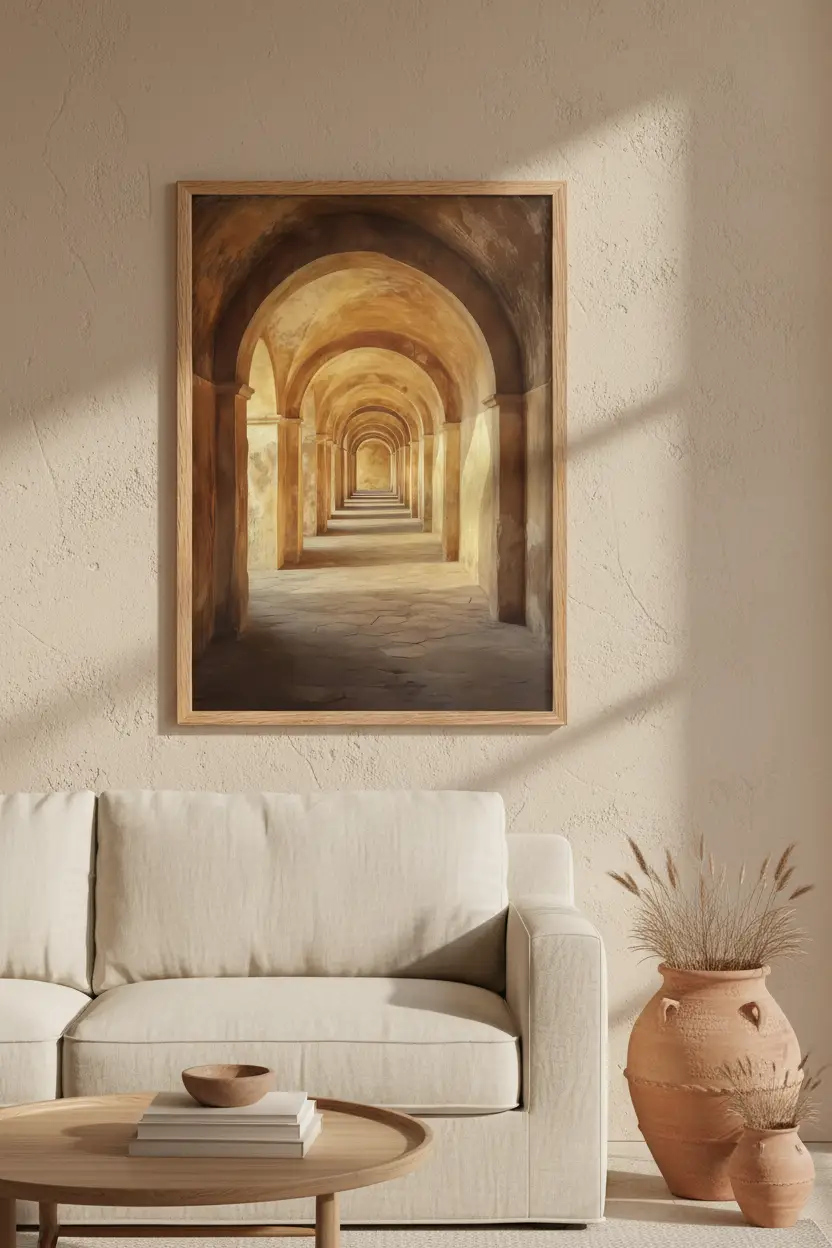 L’Arcade — Affiche murale minimaliste sable ocre arches romaines perspective — affiche murale minimaliste | Cassili-home