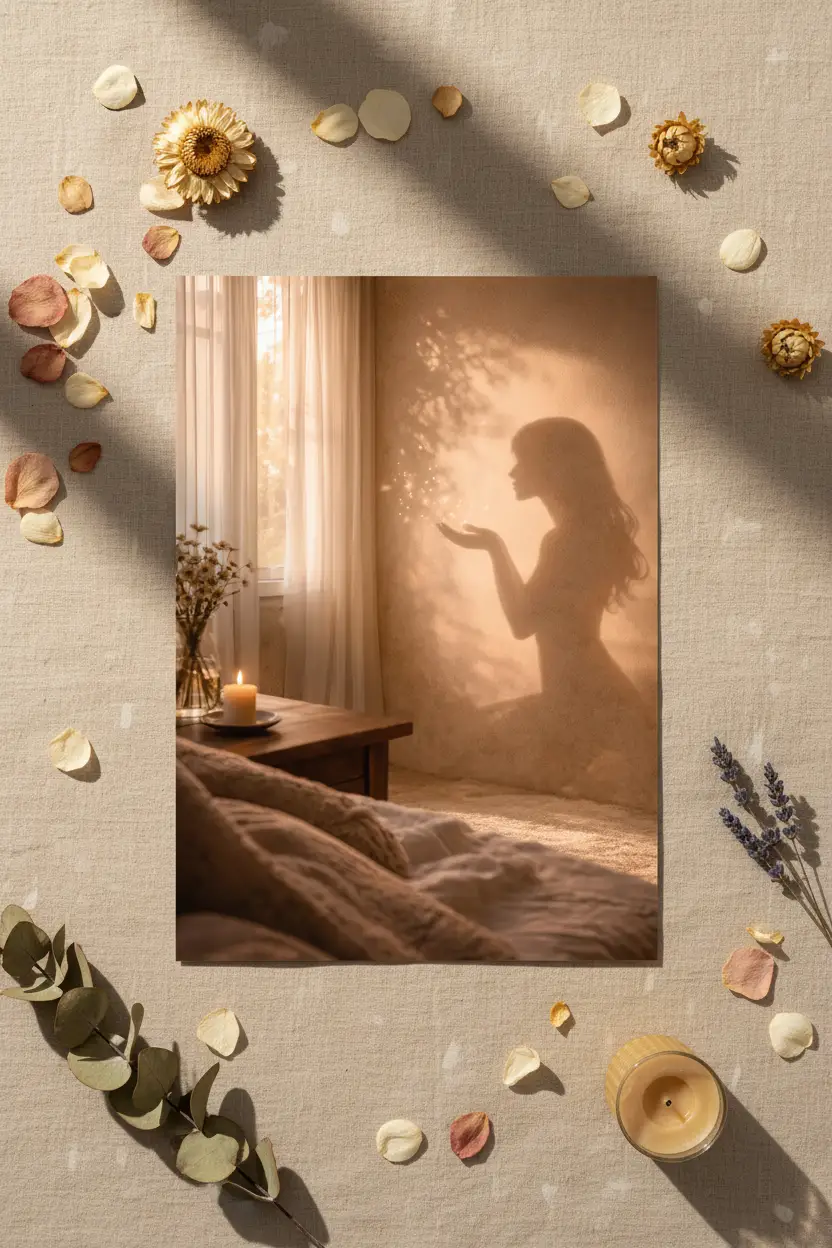 L’Envol — Affiche murale minimaliste silhouette féminine lumière dorée, affiche murale minimaliste avec cadre bois, décoration murale salon ou chambre, style méditerranéen