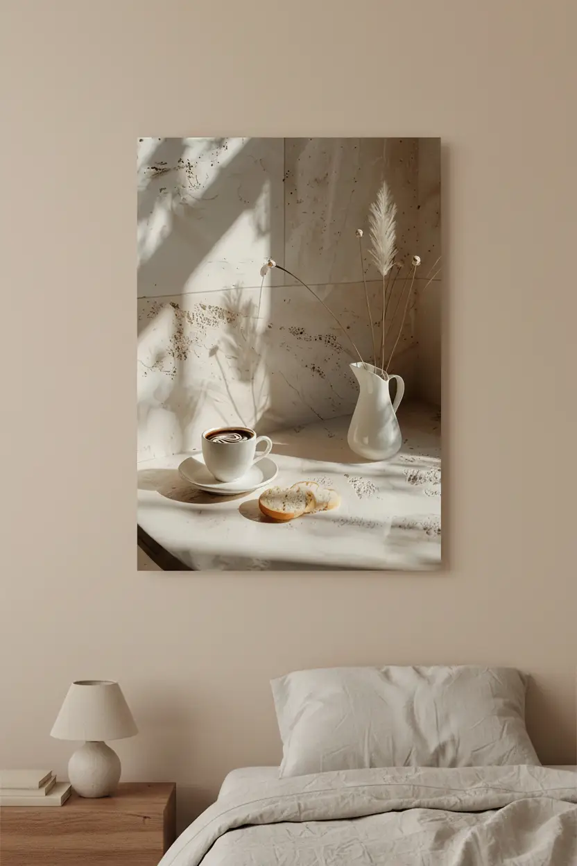 Le Matin Travertin — Affiche murale minimaliste travertin café herbe pampa céramique ivoire, affiche murale minimaliste avec cadre bois, décoration murale salon ou chambre, style méditerranéen